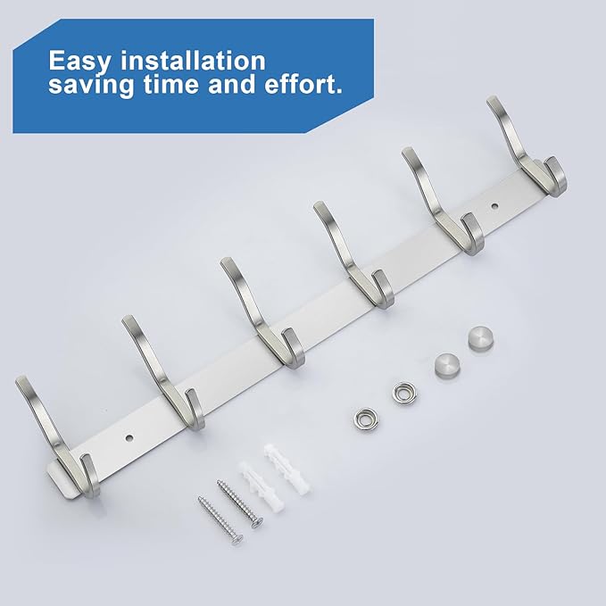 HAMUTH Wall Hooks Heavy Duty, 17 Inch Coat Rack Wall Mount with 6 Hooks,Silver Wall Hooks Hangers for Entryway, Bathroom - for Hanging Backpack, Bag, Coat, Purse, Hat, Towel, Clothes,2 Packs