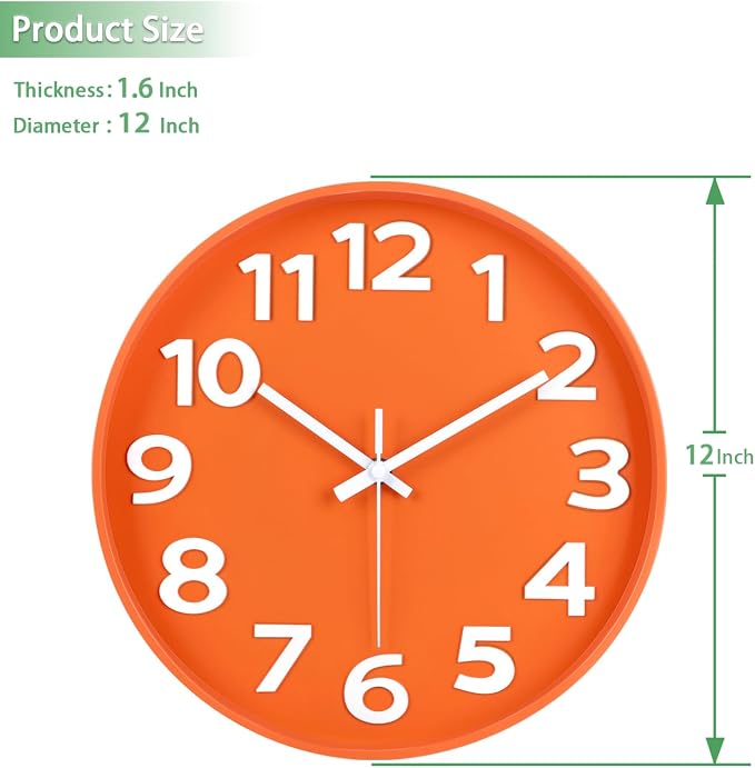 45MinST 12-Inch Modern Indoor Outdoor Wall Clock, Minimalist Orange Design, Silent Non-Ticking, Large Numbers, Perfect Decorative Accent for Home or Office (Orange)