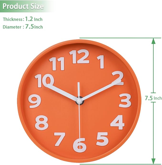 45MinST 8-Inch Orange Modern Wall Clock – Silent Non-Ticking, 3D Large Numbers, Accurate Timekeeping | Decorative Wall & Desk Clock with Stand for Living Room, Bedroom, Kitchen, or Office