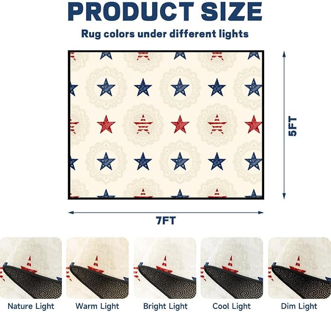 Star Area Rug 5'x7' Vintage Red Blue White Carpet Washable Low Pile Floor Mat Rugs for Bedroom Living Room Nursery Playroom Classroom Home Decor