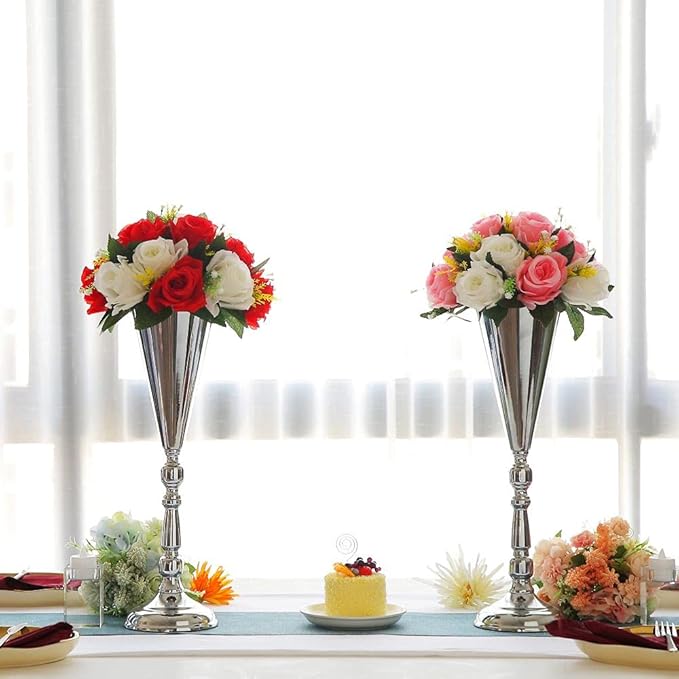10pcs Tabletop Metal Wedding Flower Trumpet Vase Wedding Centerpiece Flower Vase for Wedding Event Decoration Living Decor Party Decor (Silver, 10×L)