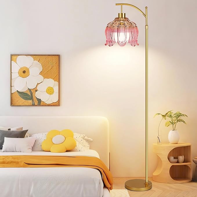 QIYIZM Pink Floor Lamp for Living Room,Bedroom,Glass Gold Dimmable Standing Lamp with Remote,Mid Century Modern Brass Tall Lamp Boho Floor Lamps Arc Stained Tulip Flower Floor Light Lamp Bohemian