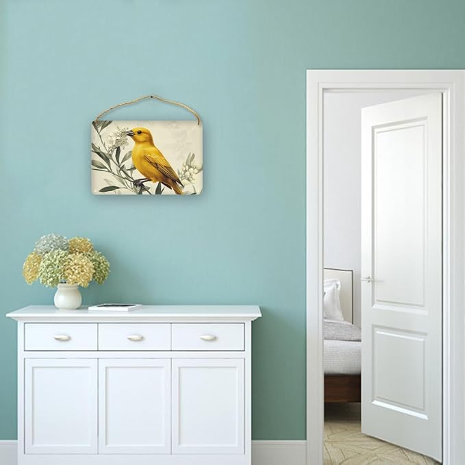 Artful Retro Yellow Bird on Blossom branches Wooden Wall Art, Botanical Home Decors for Nostalgia Seekers, 12x8 Inch Wood Sign for a Warm Living Space Touch