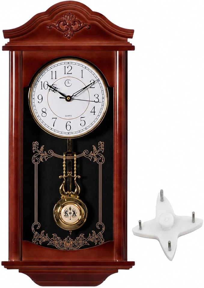 Clockswise 23.7" Vintage Grandfather Pendulum Clock - Antique Wood -Look Plastic Wall Clock for Living Room Decor, Silent Battery-Operated, Brown, Pendulum Clocks for Kitchen, Office, Dining Room