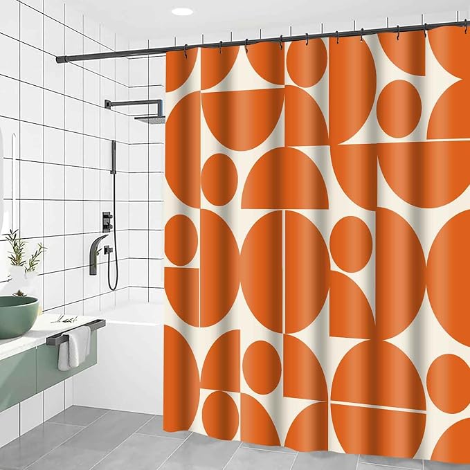Vintage Orange Mid Century Modern Shower Curtain Boho Abstract Geometric Art Shower Curtains for Bathroom Decor 72x78 Inch 70s 80s Retro Washable Fabric Bathroom Set with 12 Hooks