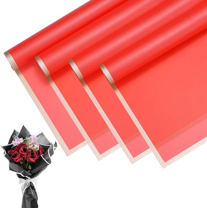 M METERXITY 20 Sheets Flower Wrapping Paper Bouquet, 23 Inch Red Gold Edge BOPP Waterproof Floral Wrapping Paper Flower Packaging DIY for Wedding/Party/Birthday/Gift Bouquet Wrap Paper