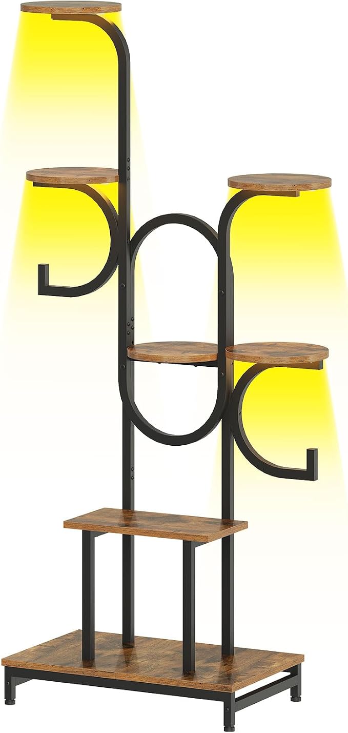 HOOBRO 7 Tiered Plant Stand Indoor with Grow Lights, 63" Corner Plant Stand for Indoor Plants, Metal Corner Shelf with 2 Hanging Basket Spots, for Home, Living Room, Rustic Brown and Black BF12DHJ01