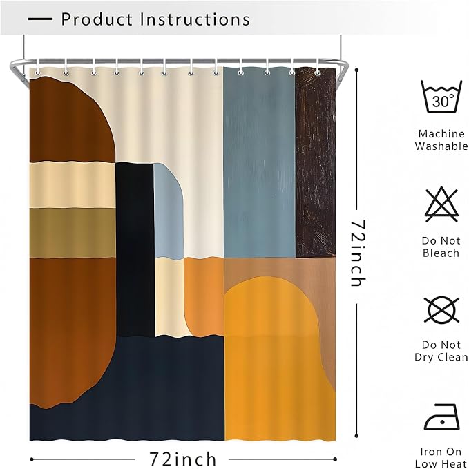 Brown Mid Century Shower Curtain, Abstract Geometric Modern Pattern, Navy Blue and Yellow Boho Bathroom Decor, Retro Art Waterproof Fabric Bath with Hooks, 47x70 Inch