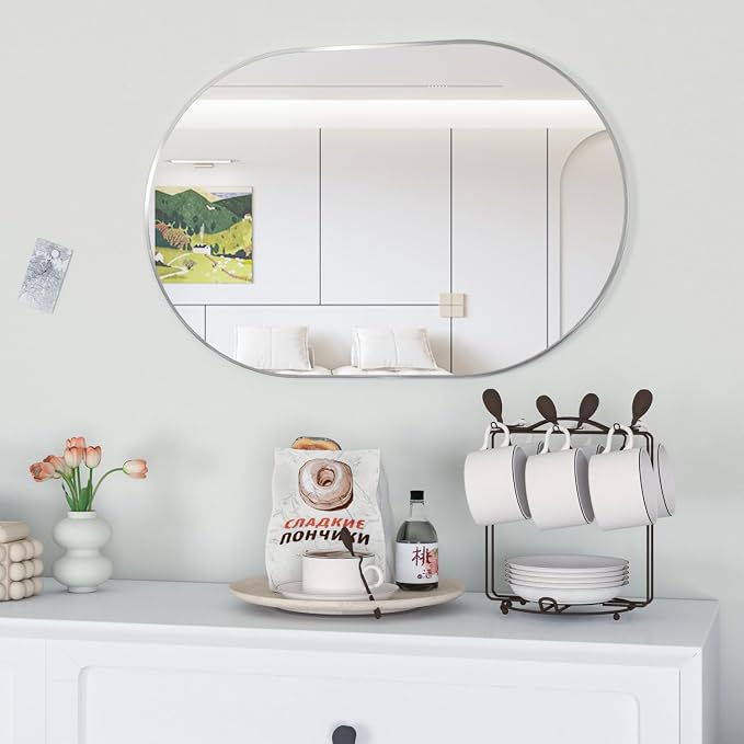 Oval Bathroom Mirror Wall Vanity Oval Mirrors, 2 Pieces 20"x30" Silver Bathroom Mirrors for Over Sink Pill Mirrors Capsule Wall Mounted Mirror, Modern Mirror with Metal Frame for Wall Decor