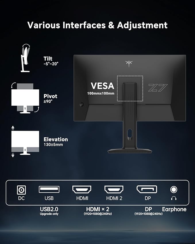 KTC 27 Inch 240Hz Gaming Monitor - FHD 1080P Monitor Fast IPS with Adaptive Sync, 1ms(MPRT), 131% sRGB, HDMI Displayport, Tilt Pivot Height Adjustment, Vesa Monitor, White, H27F7