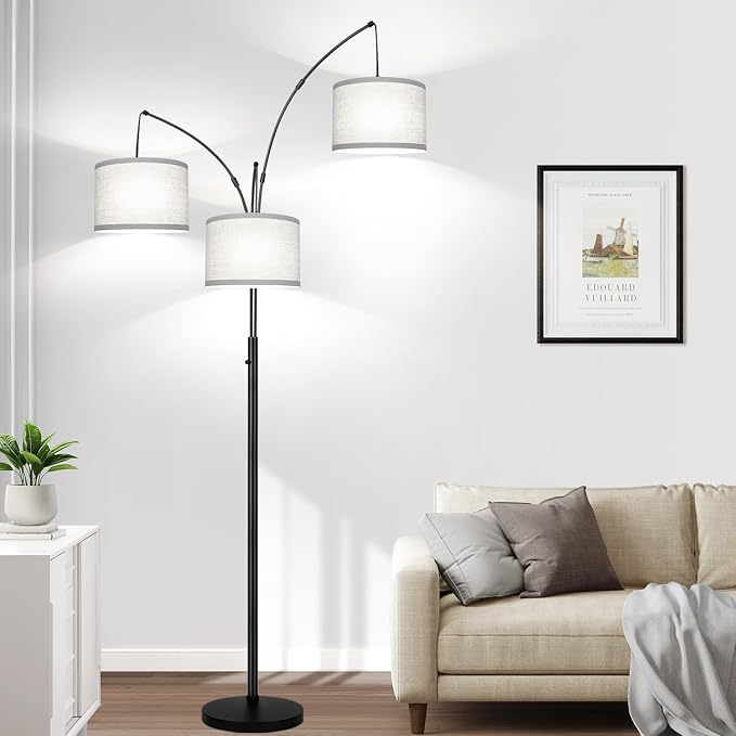 Dimmable Floor Lamp, 3 Lights Black Arc Floor Lamp, Modern Tall Standing Tree Lamp with Grey Linen Shades & Heavy Base, 3000LM LED Bulbs, Bright Lighting for Living Room, Bedroom, Office & Reading