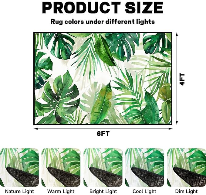 4'x6' Tropical Palm Leaf Rug Monstera Banana Leaves Floor Mat for Bedroom Living Room Nursery Playroom Classroom Home Decor Washable Low Pile Green Botanical Area Rug