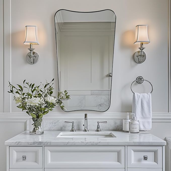 ANDY STAR Scalloped Bathroom Mirror, 24x40’’ Brushed Nickel Frame Mirror, Silver Bathroom Vanity Mirror, Modern Scalloped Edge Design in Rust-Proof Stainless Steel 1” Frame