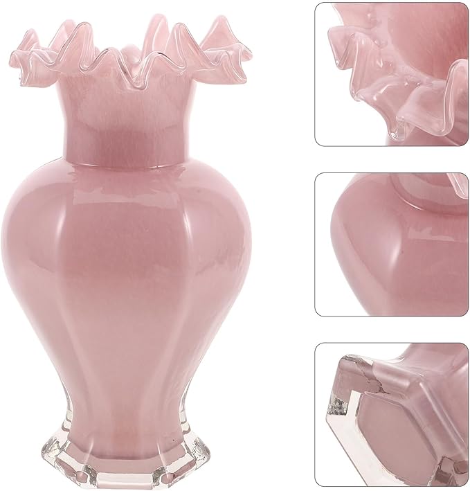 PRETYZOOM Artistic Ripple Edge Glass Flower Vase Handblown Decorative Floral Container for Home Table Office Wedding Centerpiece Pink Unique Artistic Accent Multipurpose Use