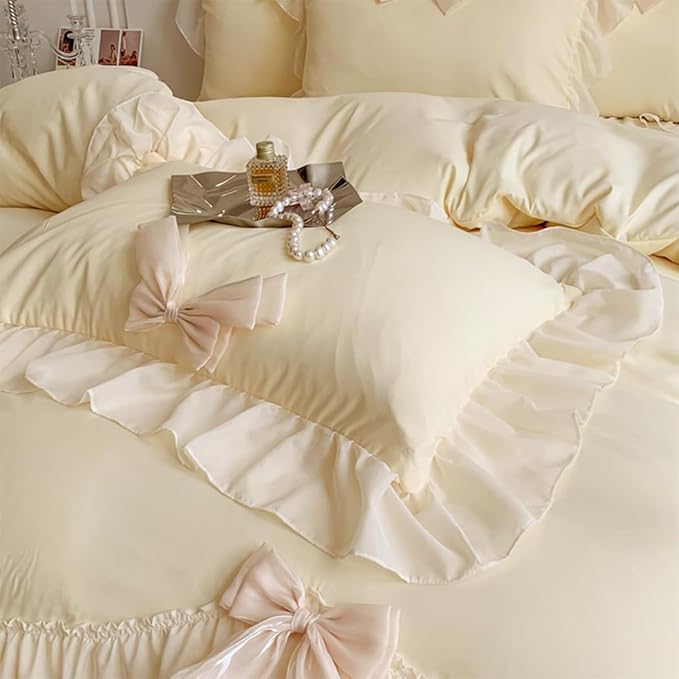 Chic Lace Bedding,Girls Twin Aesthetic Comforter Cover Set,Romantic French Princess Style Ruffled Duvet Cover with Lovely Bow with Zipper Closure-Yellow,Twin Size