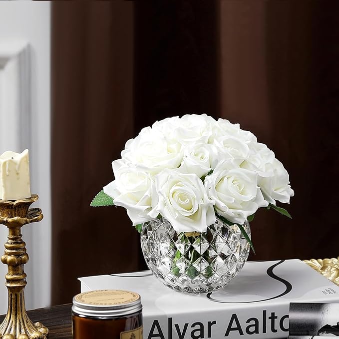 18PCS Artificial Rose Fake Flowers in Vase, Faux Floral Arrangement with Vase for Dining Table Bedroom Wedding Decor (Cream)