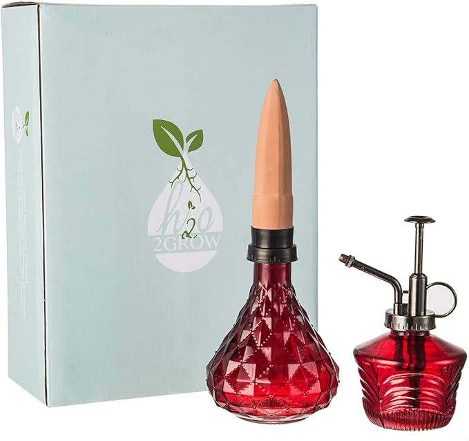 Glass Mini Watering Can Vintage Plant Mister Flower Water Spray Bottle and Faceted Glass Plant Watering Globe with Terracotta Spike,Red