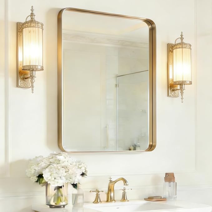 USHOWER Gold Bathroom Mirror 22"x30", Brushed Champagne Gold Rectangle Mirror for Over Sink, Aluminum Frame, Anti-Rust, Tempered Glass, Horizontal or Vertical Mounted