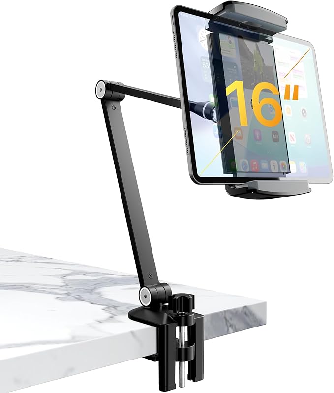 Tablet Stand Holder-Adjustable iPad Desk Mount with 360° Rotating Base for 6.3-16" Devices-Foldable Aluminum ipad Arm Mount for Desk,Bed,Kitchen-Compatible with iPhone,iPad,Tablet,Portable Monitor