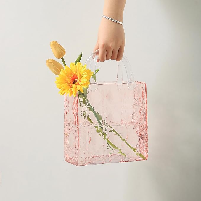 Purse Vase, Glass Bag Vase, Glass Purse Vase for Flowers, Pink Vases, 12 Inch Large Flower Vase with Embossed Pattern for Wedding, Living Room, Bedroom, Table, Office(Tote)