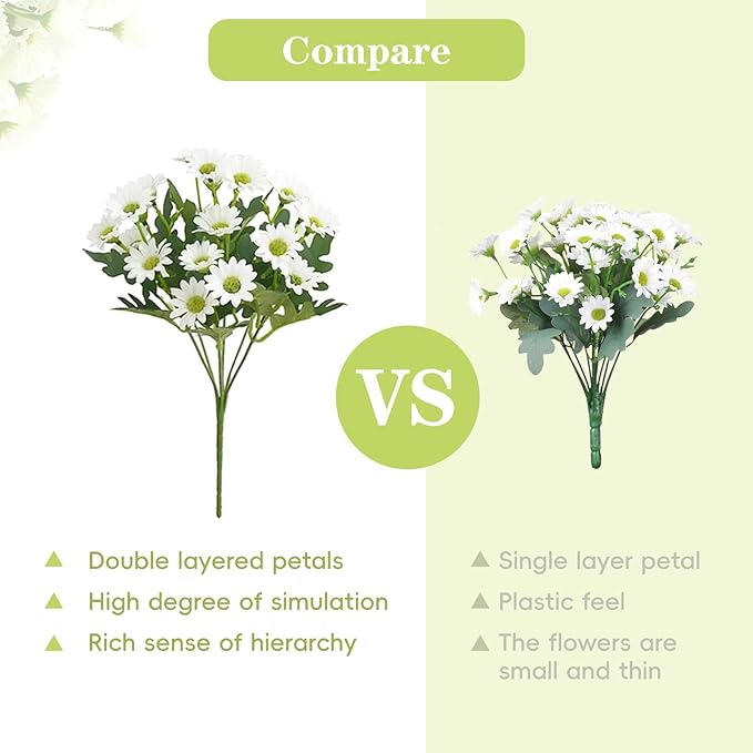 Artificial Daisy Flowers, 8 Bundles UV Resistant Fake Mums for Outdoors, White Silk Fall Flowers for Planters, Porch, Front Door, Garden, Yard, and Indoor Home Decor