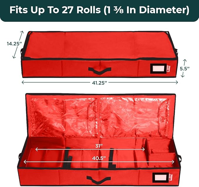 HOLDN' STORAGE Premium Wrapping Paper Storage Container - Durable 600D Tear-Proof, Fits 27 Rolls Gift Wrap, Extra Pockets for Ribbons & Bows, Underbed Storage - Ideal for Holiday Christmas, Red/Black Trim