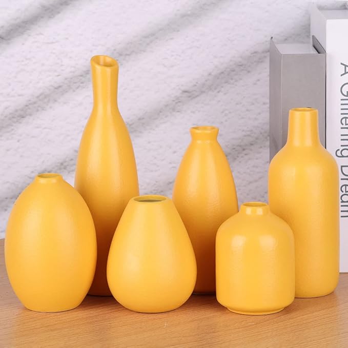 Yellow Ceramic Bud Vases Set of 6, Mini Vases for Farmhouse Mantel, Shelf & Fireplace, Home Accents for Living Room, Entryway, Bathroom, Kitchen, Office, Bulk Table Decor