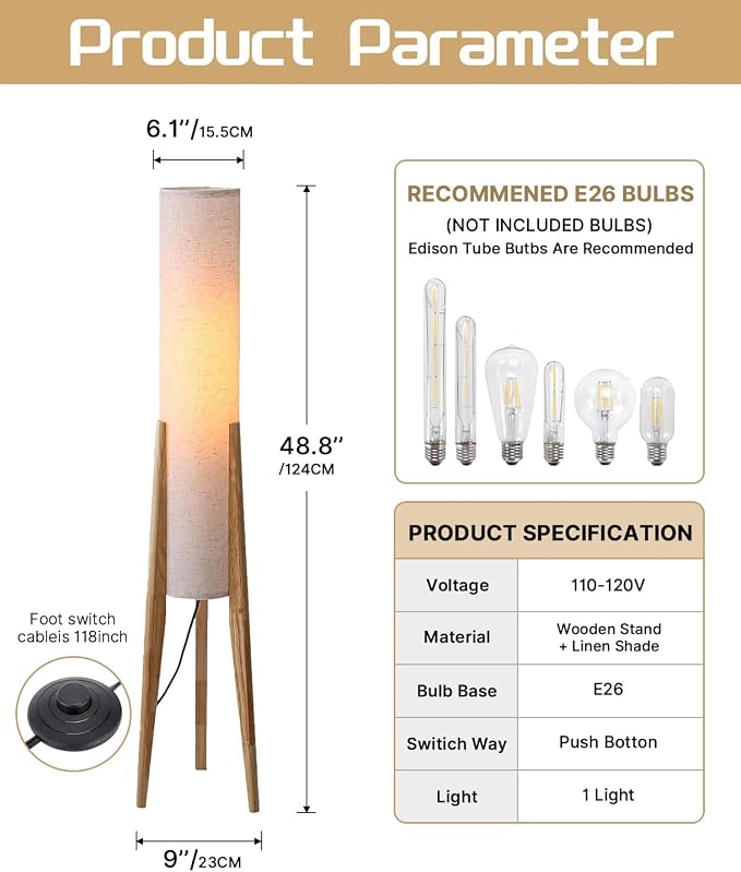 Natural Wood Tripod Floor Lamp, 48.8 in High Vintage Style Cylinder Floor Lamp with White Fabric Lampshade, Mid Century Modern Floor Lamp for Bedroom Living Room Home Office (Natural)