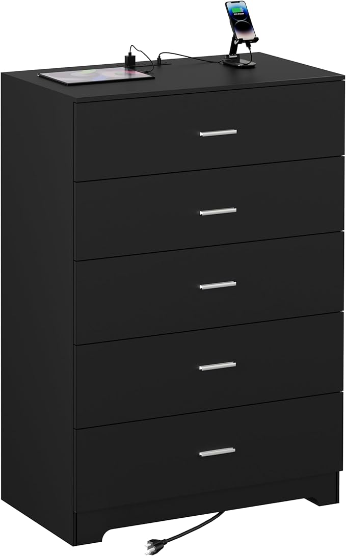 Dresser for Bedroom with Power Outlets Wood 5 Drawer Dresser with Large Storage Space Black Chest of Drawers with Smooth Metal Rail Tall Storage Organizer for Bedroom Living Room Closet