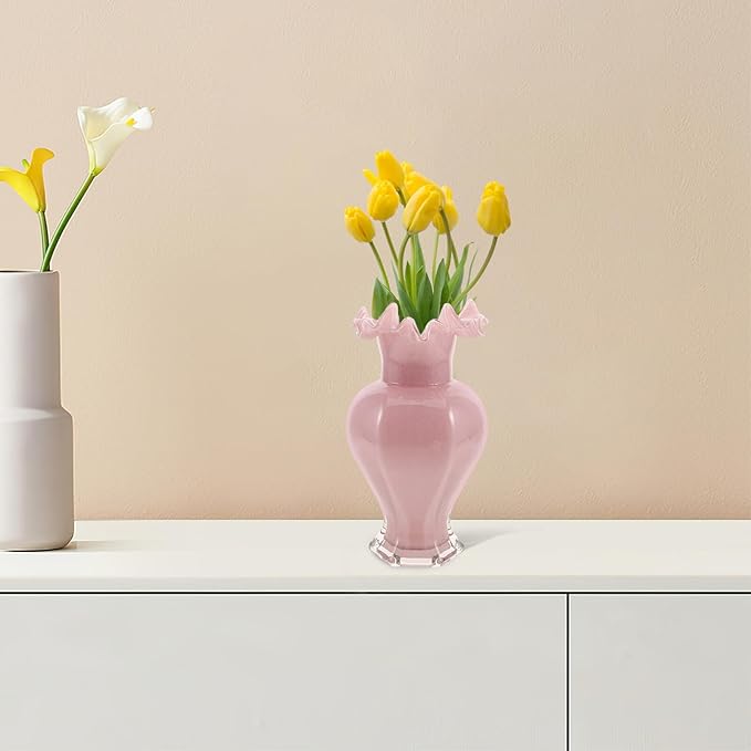 PRETYZOOM Artistic Ripple Edge Glass Flower Vase Handblown Decorative Floral Container for Home Table Office Wedding Centerpiece Pink Unique Artistic Accent Multipurpose Use