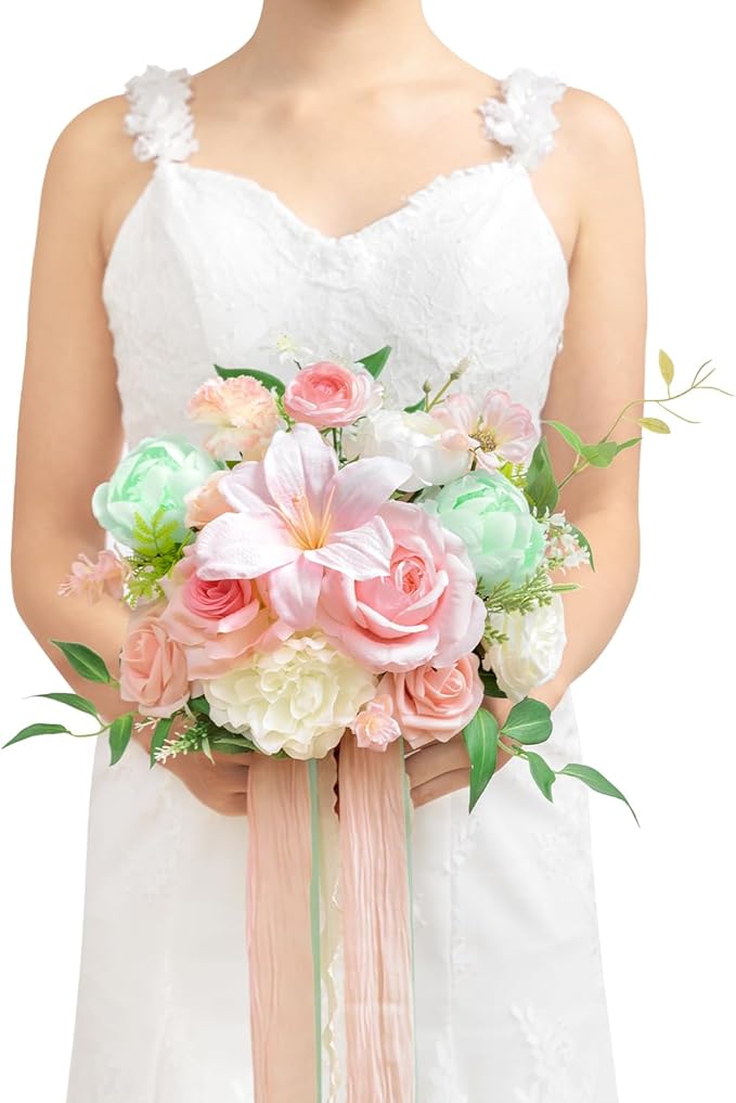 TINGE TIME Wedding Bouquets for Bride, 9 Inch Handcrafted Silk Bridal Flowers Bouquets for Wedding Ceremony, Gift for Bridesmaid, Bouquet for Party Church Decoration,and Romance Gifts (MintGreen&Pink)