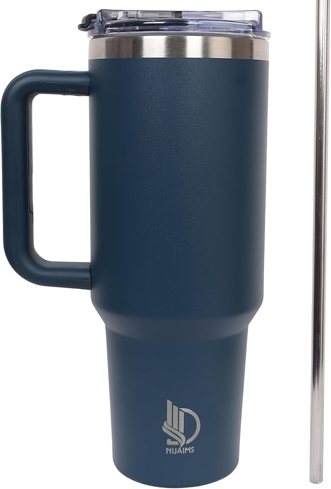 40oz Insulated Tumbler with Handle, Leakproof Straw Lid & Carry Handle - Double Wall Vacuum Insulation Keeps Ice 24 Hours, BPA Free Stainless Steel Water Bottle (Dark Steel Blue)