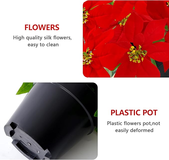 Poinsettia Flowers Artificial Red 14Inch Faux Christmas Poinsettia Plant Winter Flowers for Indoor Outdoor Xmas Ornament Porch Home Garden Decorations