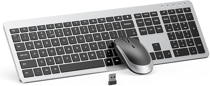 seenda Wireless Keyboard and Mouse Combo Full Size Slim Thin Wireless Keyboard Mouse with On/Off Switch on Both Keyboard and Mouse - (Black and Silver)