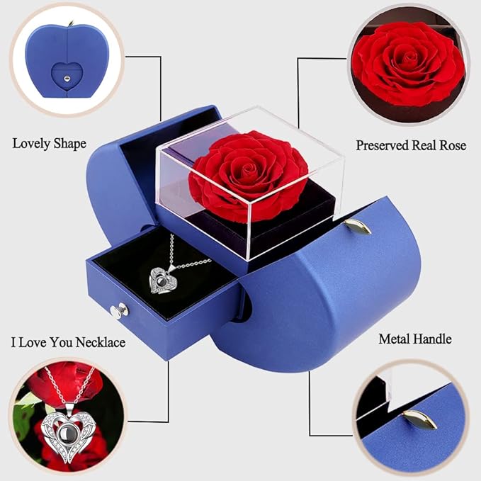 Preserved Real Rose with I Love You Necklace 100 Languages, Gifts for Girlfriend, Women, Mom, Wife, Gifts Idea on Christmas, Valentine's Day, Mother's Day, Birthday, Anniversary, Thanksgiving