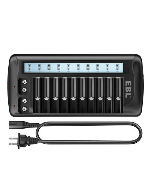 EBL 12-Bay LCD Battery Charger - Multi-Battery Charging Station for AA, AAA & 9V Batteries