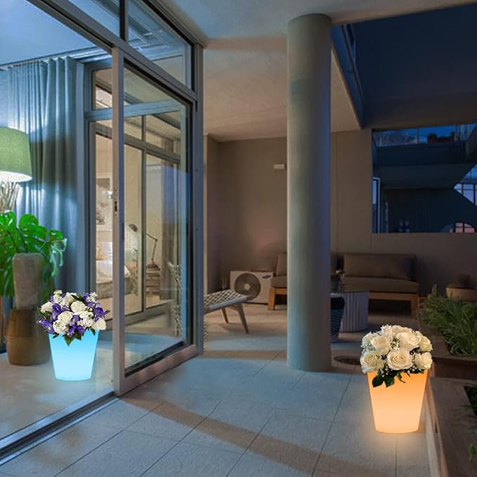 16-in Round LED Flower Pot Outdoor, Large Rechargeable LED Planter Light w/Remote, Dimmable RGB Color Changing Illuminated Planter, Modern Waterproof Light Up Plant Pot for Home Balcony Porch Yard