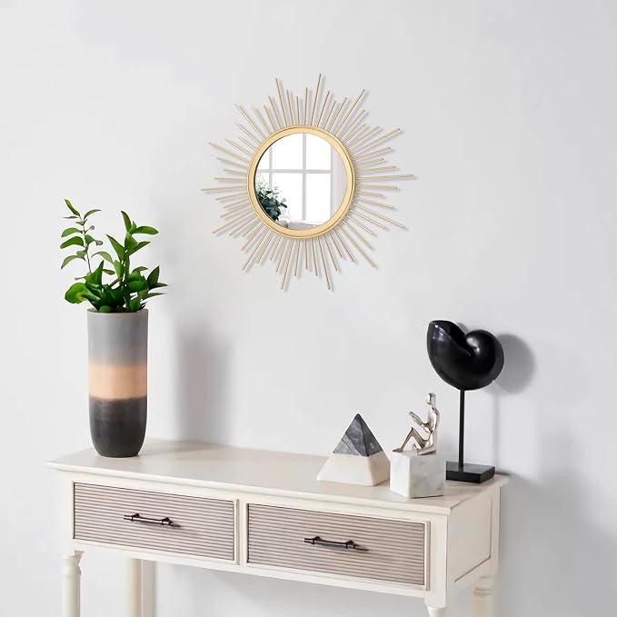 Gold Mirrors for Wall Sunburst Decor Art Mirror Bohemian Home Round Modern Metal Mirror for Bedroom Living Room Hallway Bathroom Balcony Farmhouse Entrance Small