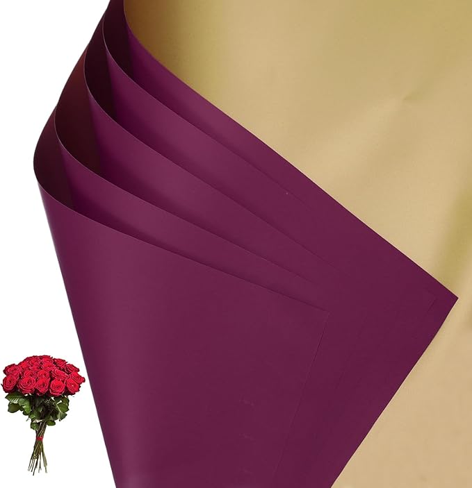 PATIKIL Flower Gift Wrapping Paper, 20 Sheets Double Sided Golden Waterproof Bouquet Paper Wrap Florist Supplies Packaging Floral Papers for Wedding DIY Craft Valentine, Purple/Gold