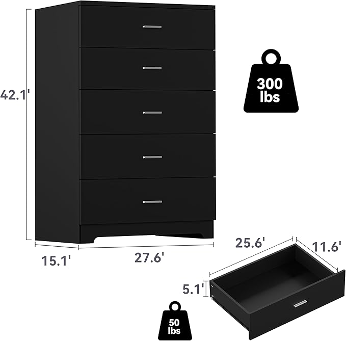 Dresser for Bedroom with Power Outlets Wood 5 Drawer Dresser with Large Storage Space Black Chest of Drawers with Smooth Metal Rail Tall Storage Organizer for Bedroom Living Room Closet