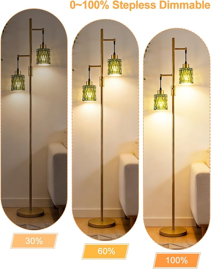 Lightdot 65IN Industrial Gold Floor Lamp for Living Room, 2- Light Green Glass Floor Lamps with Warm White Bulbs, Modern Farmhouse Tree Standing Tall Lamp with 5Lbs Heavy Base for Bedroom Home Office