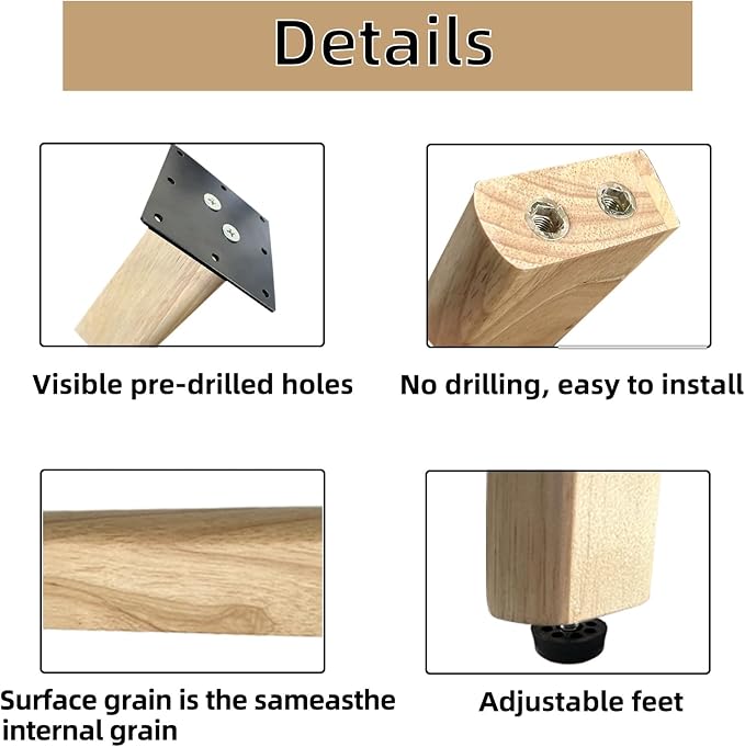 QLLY 28 inch Solid Wood Table Legs, Natural Varnished Wooden Desk Legs with Adjustable Leveling Feet, Set of 4, Heavy Duty Replacement Legs for for DIY Dining Table, Office Desk, Farmhouse Furniture