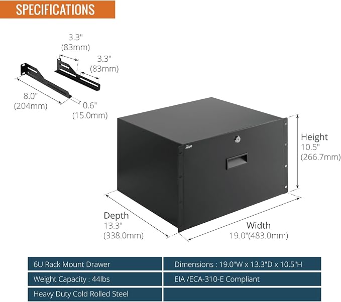 Tecmojo 6U Rack Drawer,Rack Mount Drawer for 19in Network Equipment/Server/AV Rack or Cabinet Enclosure,Sliding and Lockable Server Rack Drawer - Load-Bearing 44lb (20kg),with Cable Management Holes