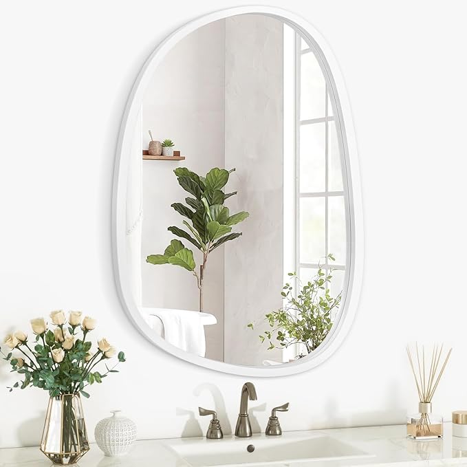 Asymmetrical Wood Frame Bathroom Mirrors for Wall Unique Irregular Oval White Mirror Modern Living Room Bedroom Vanity Entryway Hallway Decorative Artistic Hanging Wall Mirror 16"x12" White