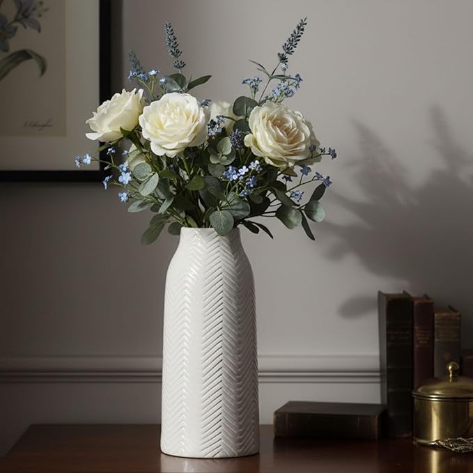 hjn White Vase for Flowers Ceramic Vase for Decor, Modern Decorative Tall Vases for Your Kitchen/Office/Living Room/Bookshelf/Mantel - White Texture(Medium