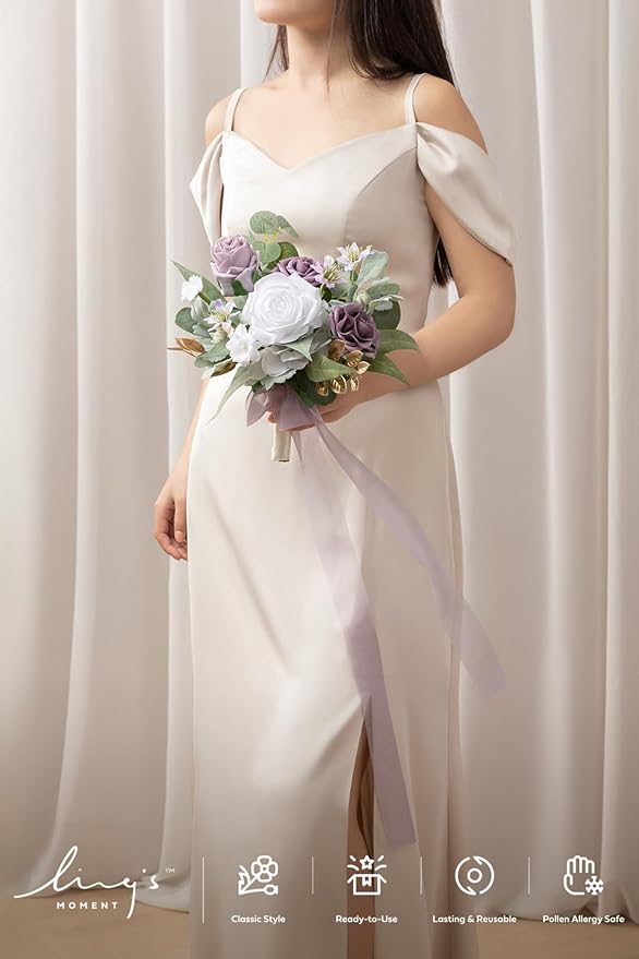 Ling's moment Purple Bridesmaid Bouquet, Wedding Bouquets for Bridesmaids, 7 Inch Bridal Bouquets for Bridesmaids, Wedding, Ceremony, Anniversary, etc.