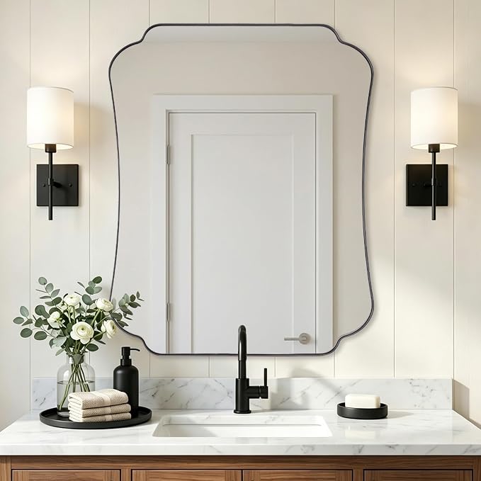 ANDY STAR Bathroom Vanity Mirror, 24x30 Matte Black Rectangle Mirror with Scalloped Round Corner, Vintage Asymmetrical Metal Wall Mirror for Entryway, Living Room