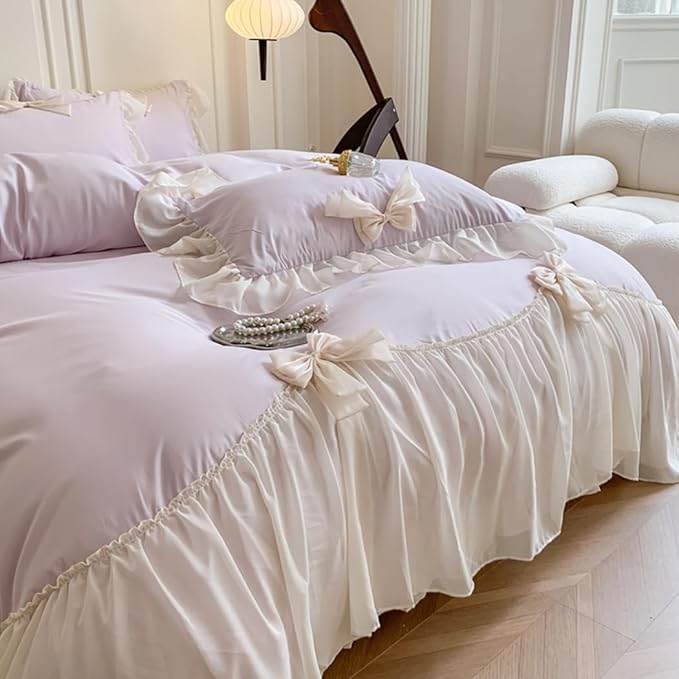 Ruffled Bedding Bow Duvet Cover Set with Butterfly Tie, Soft Brushed Microfiber Shabby Chic Bedding Set with Zipper Closure-Pureple,Full Size