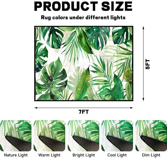 5'x7' Tropical Palm Leaf Rug Monstera Banana Leaves Floor Mat for Bedroom Living Room Nursery Playroom Classroom Home Decor Washable Low Pile Green Botanical Area Rug