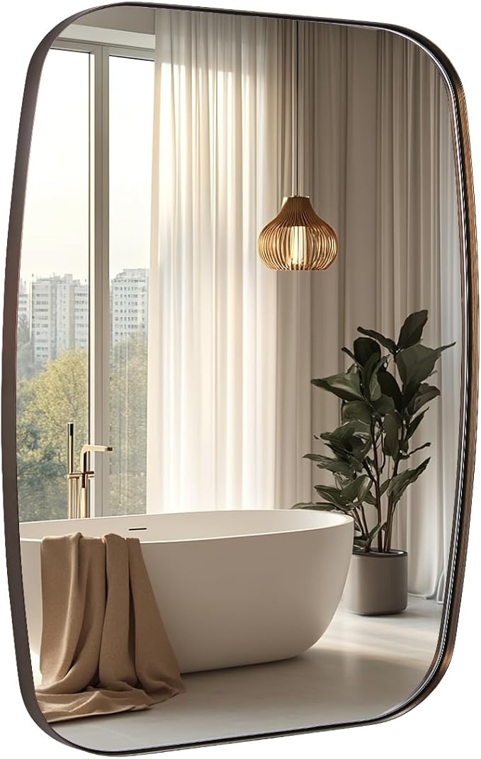 ANDY STAR Brushed Bronze Bathroom Mirror, 24x30 Oblong Mirror with Stainless Steel Metal Frame, Oval Vanity Mirror for Over Sink, Modern Anti Rust Wall Mounted